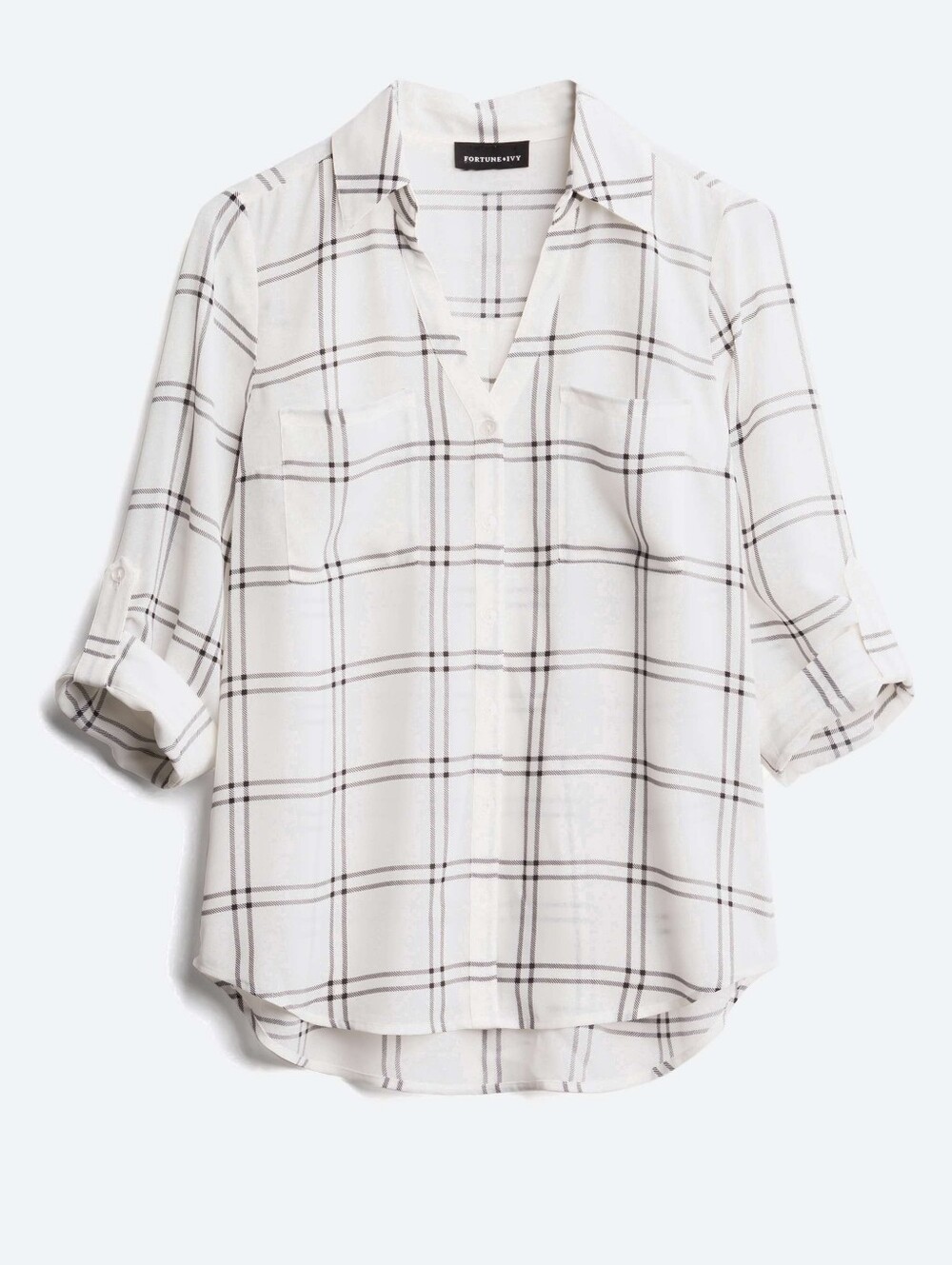 Fortune+Ivy White Plaid Roll-Sleeve V-Neck Blouse